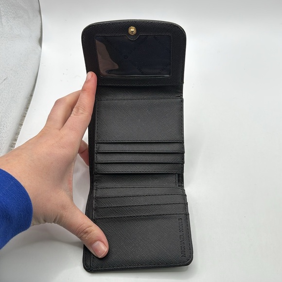 Michael Kors Bridgette Triflod Coin Case Wallet Black Gray Gold Logo Monogram - Picture 10 of 16